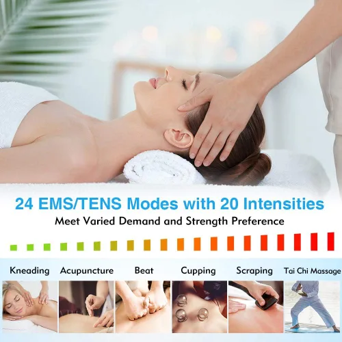 Vista 3 de Estimulador muscular de unidad TENS de 24 modos, máquina TENS recargable con 8 almohadillas de electrodo (gel americano), masajeador eléctrico