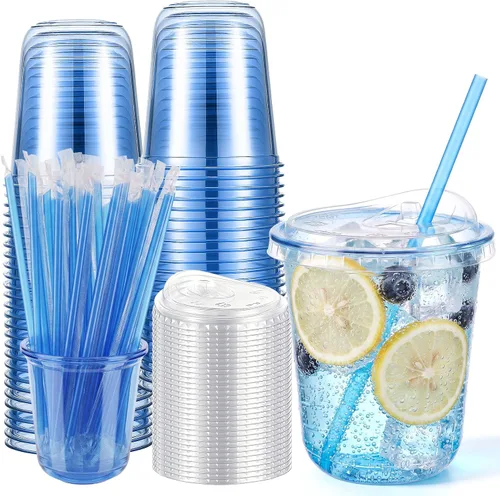 Vista 20 de Ziliny Paquete de 50 vasos de plástico transparente negro de 12 onzas con tapas y popotes, vasos desechables para mascotas, taza de café helado