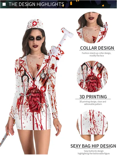 Vista 4 de ZJLJAYCHOU Disfraz de Halloween para mujer, disfraz de enfermera sangrienta, disfraz de Halloween para adultos, enfermera zombi, disfraz de fiesta