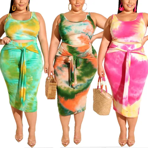 Vista 4 de Conjunto vestido a media pierna de 2 piezas de talla plus, conjunto de falda ajustada, top ajustado, estampado estilo hippy sin mangas