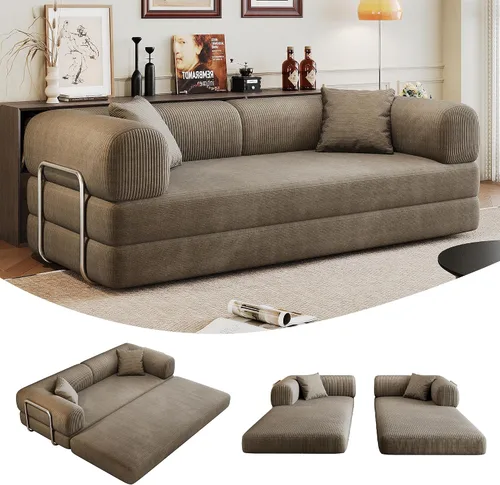Vista 10 de Sofá cama convertible de 80 pulgadas, sofá cama plegable de pana con almohadas, sofá de compresión moderno sin hueso sin montaje, sofá de compresión