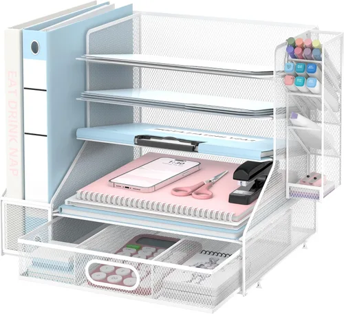 Vista 10 de SUPEASY Organizador de escritorio con soporte para archivos, organizador de bandeja de papel de malla de 5 niveles con soporte para bolígrafo y Azul
