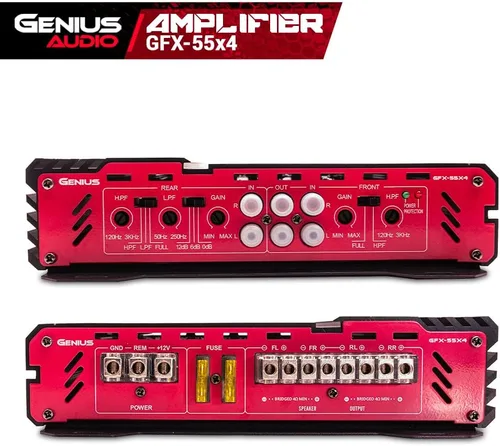 Vista 5 de Genius Audio GFX-55X4 Amplificador de coche de rango completo multicanal 1200 vatios Clase máxima AB de 2 ohmios estable con sistema de protección