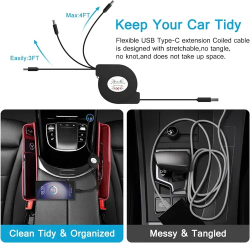 Vista 4 de Samsung - Cable retráctil USB A a USB C para automóvil, cable de teléfono Android C de 3 pies 2 Pack Carplay USBC Cable for Samsung Galaxy S24
