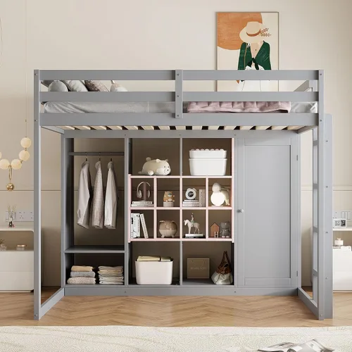 Vista 32 de Cama loft multifuncional de tamaño matrimonial con escritorio integrado, 6 cajones de almacenamiento y estante, marco de cama de madera con escalera