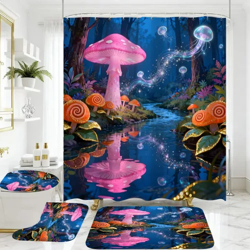Vista 9 de Juego de 4 cortinas de ducha con diseño de hongos e iluminación