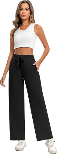 Vista 4 de Locoowai Paquete de 2 pantalones deportivos casuales de pierna ancha para mujer, con cordón en la cintura, holgados, pantalones de yoga sueltos