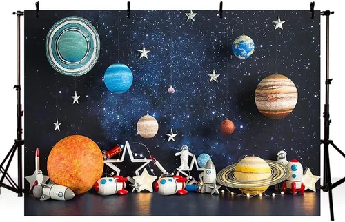 Vista 8 de MEHOFOND Fondo de fotografía del espacio exterior de 7 x 5 pies, universo, planeta, estrella, galaxia, astronauta, cohete, decoración de fiesta