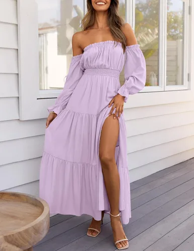 Vista 129 de ZESICA - Vestido largo, bohemio y sexy, con hombros descubiertos y manga larga fruncida, con elástico fruncido, cintura alta y abertura lateral