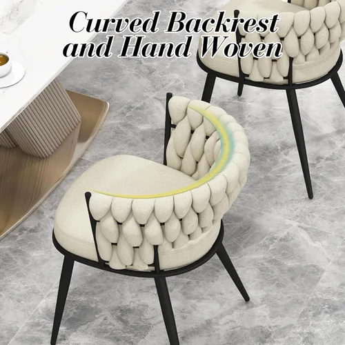 Vista 6 de Juego de 2 sillas de comedor tejidas, modernas sillas de comedor tejidas a mano con patas de metal negro, sillas tapizadas con marco negro