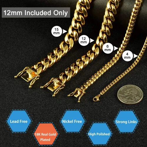 Vista 3 de Jewelry Kingdom 1 Collar o pulsera de cadena de eslabones cubanos de oro para hombre, 0.591 in, acero inoxidable de 18 quilates, gruesas y gruesas
