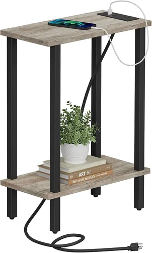 Vista 16 de TUTOTAK - Mesa auxiliar pequeña con estación de carga; mesa lateral estrecha con puertos USB y tomas de corriente; mesa de sofá delgada; mesita