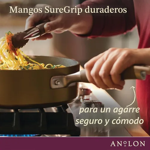 Vista 6 de Anolon Advanced Home - Juego de ollas y sartenes antiadherentes anodizados duros, 9 piezas, color bronce Fácil liberación de alimentos