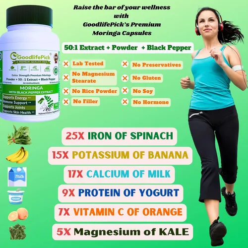Vista 5 de Cápsulas de moringa prémium con pimienta negra. Polvo de oleifera de moringa y extracto de moringa 50:1 para obtener los máximos beneficios, 90