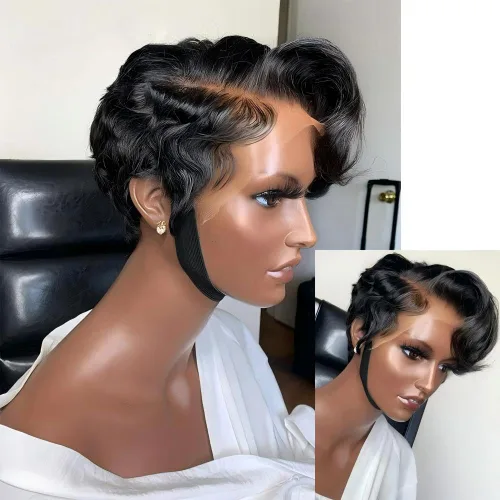 Vista 10 de Pelucas de corte Pixie, pelucas rizadas con encaje frontal para mujeres negras, pelucas de cabello humano corto, pelucas de cabello humano