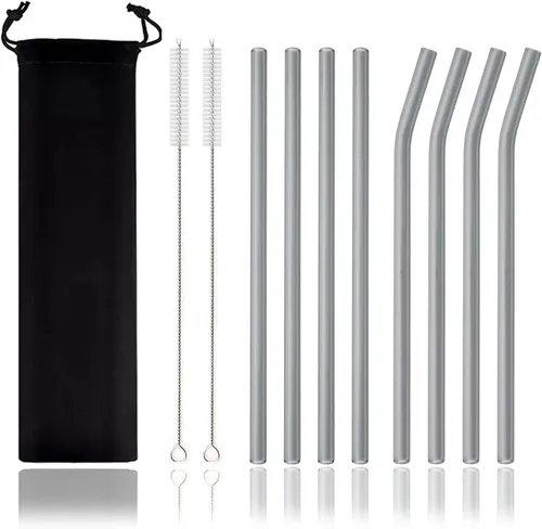 Vista 17 de JASHII Pajitas de vidrio reutilizables, pajitas transparentes de 7.87 x 0.3 pulgadas con cepillo limpio, estuche de viaje negro para bebidas Azul