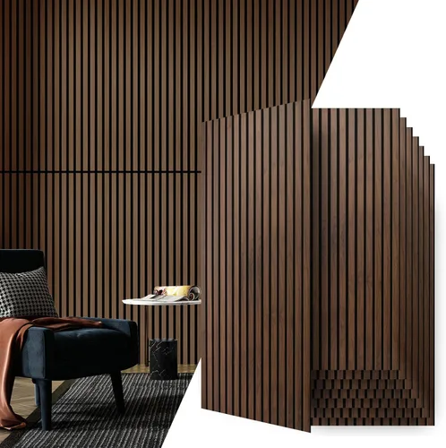 Vista 30 de Art3d 2 paneles acústicos de listones de madera para pared y techo, panel de absorción de sonido acanalado 3D con acabado de madera, negro mate