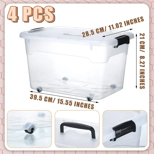 Vista 2 de Sadnyy Paquete de 4 cajas de almacenamiento de plástico transparente apilables de plástico con tapas de pestillo y ruedas, cajas grandes