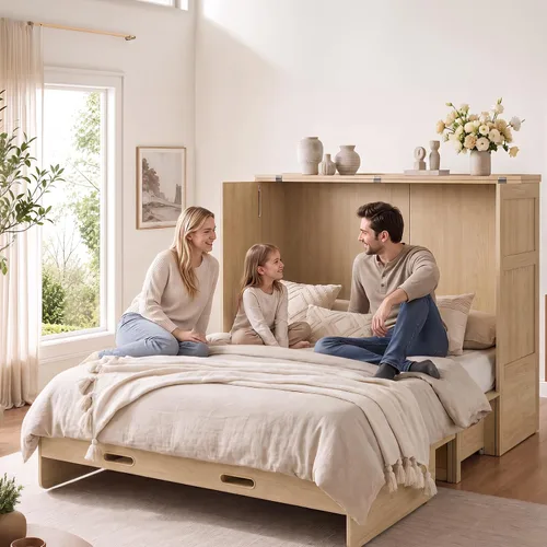 Vista 2 de Mjkone Murphy - Cama de gabinete con colchón plegable de tres piezas Madera natural