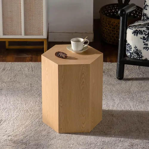 Vista 5 de Mesa auxiliar hexagonal de 15.75 pulgadas para sala de estar, grano de madera, sin montaje, nogal (15.75in-Walnut)