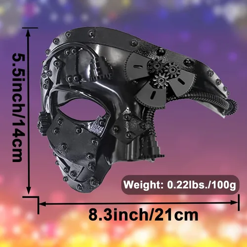 Vista 9 de Halford Steampunk Phantom Masquerade Mask, Metal Cyborg Venetian Half Face Opera Mechanical Mask for Cosplay Props