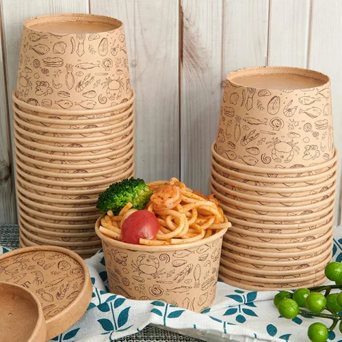 Vista 4 de LITOPAK Paquete de 50 recipientes de papel de 8 onzas con tapas ventiladas, vasos de papel kraft para alimentos, recipientes de sopa con tapas