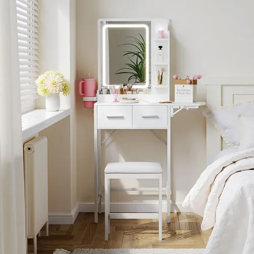 Vista 10 de Pequeño escritorio de tocador para espacio pequeño: juego de mesa de maquillaje compacto para dormitorio pequeño - Vanidad que ahorra espacio