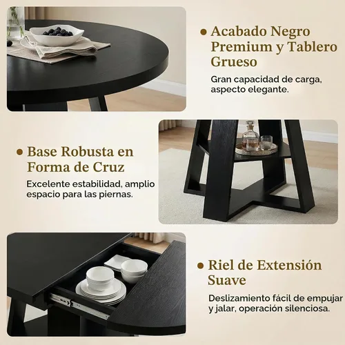 Vista 4 de Juego de 4 mesas de comedor redondas de 5 piezas para 4, 43.3 a 59 pulgadas, extensibles, redondas a ovaladas, juego de 4, mesas de comedor de Mesa