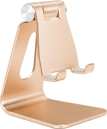 Vista 9 de Soporte plegable negro para teléfono celular de aleación de aluminio, soporte de teléfono de metal de mesa con ángulo ajustable por eje giratorio