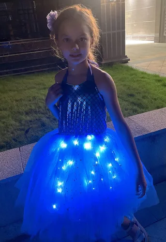 Vista 3 de Disfraz de sirena para niñas, vestido de sirena con luz LED para decoración de cumpleaños, regalos de Halloween
