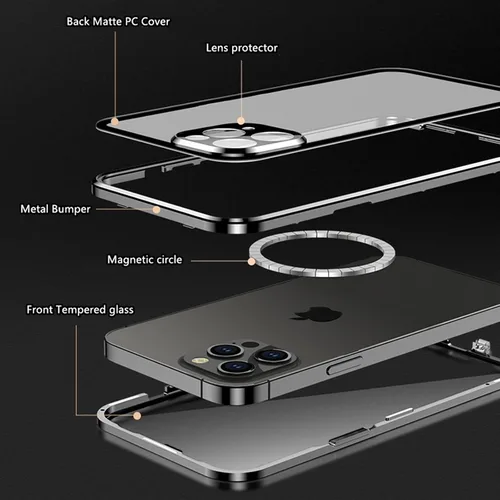 Vista 4 de Funda para iPhone 11 Pro Max, protección de doble cara de 360 grados compatible con Magsafe absorción magnética parachoques de metal frontal de Azul