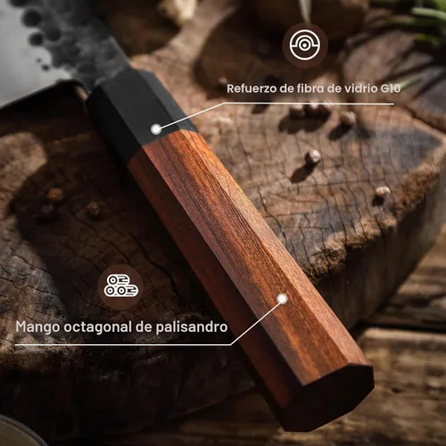 Vista 4 de Sunnecko Cuchillo de chef japonés de 8 pulgadas, cuchillo de chef con mango de madera, cuchillo de cocinero de acero de alto carbono, cuchillo Gyuto