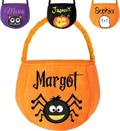 Vista 9 de Cubo personalizado de Halloween con nombre, cesta de dulce o truco de Halloween, regalo personalizado para niños y niñas, color negro