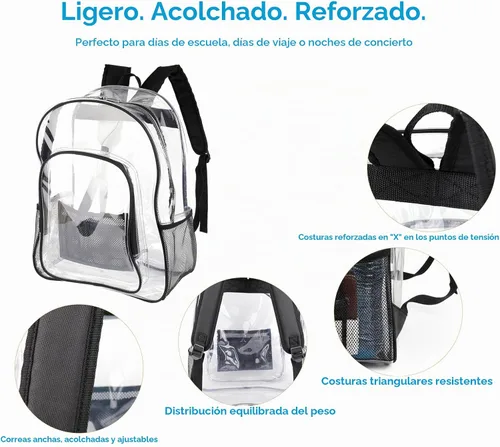 Vista 4 de Keepcross Mochila transparente para la escuela, bolsa transparente Negro