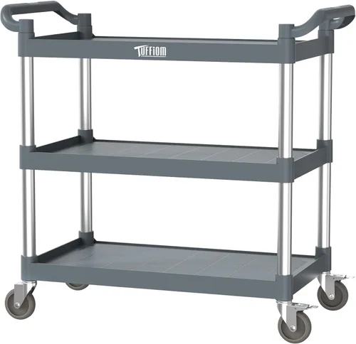 Vista 9 de TUFFIOM Carrito de servicio de plástico de 3 niveles con ruedas, resistente capacidad de 390 libras, rodante comercial, ideal para restaurantes