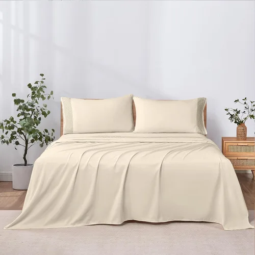Vista 3 de Modern Threads - Sábanas de encaje de crochet de microfibra suave, sábanas de microfibra de lujo, incluye sábana encimera, sábana bajera con Beige