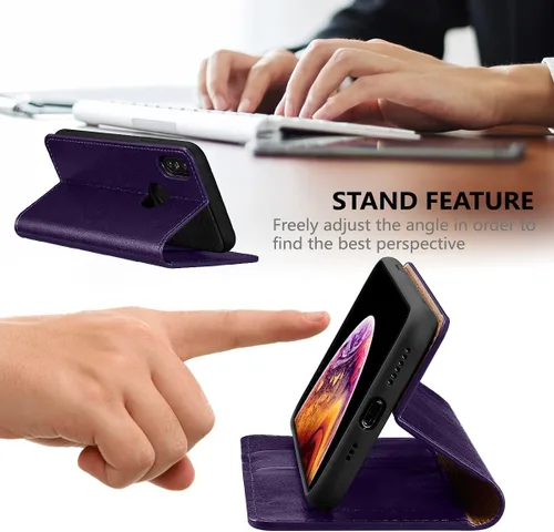 Vista 6 de Belemay Funda tipo cartera compatible con iPhone X, compatible con iPhone 10, piel de vaca genuina con tapa [bloqueo RFID], tarjetero, funda
