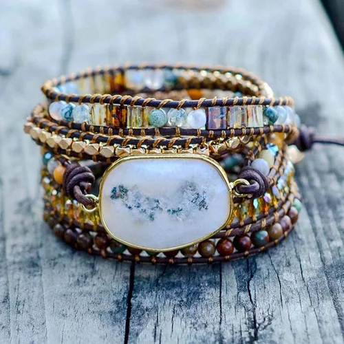 Vista 81 de ZOSOJONA - Pulseras bohemias hechas a mano de piedra natural, que dan vuelta, con cuentas de cristal de turquesa