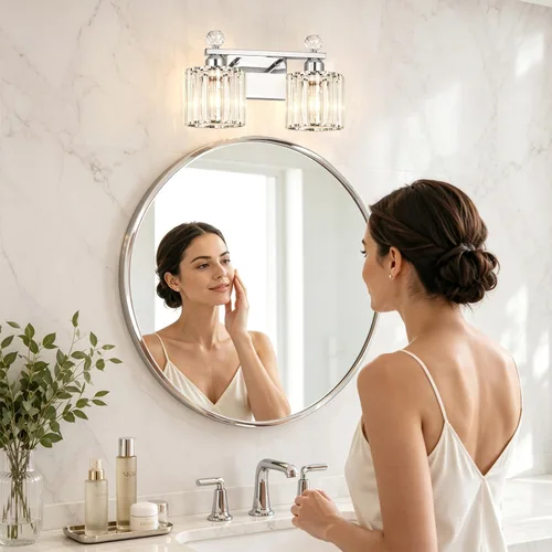 Vista 2 de Lxybcce Moderna lámpara de tocador de baño de cristal, 14 pulgadas, 2 luces, accesorios de iluminación cromados sobre el espejo, fácil instalación e