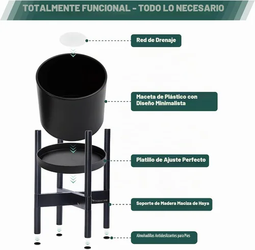 Vista 5 de Maceta de D'vine Dev con soporte - Maceta de flores de cilindro de plástico de 8.0 pulgadas con soporte de madera para interiores, maceta mate negra
