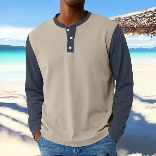 Vista 3 de Camisas de manga larga Henley con bloques de color para hombre, estilo casual, con botones, clásica, suave, transpirable