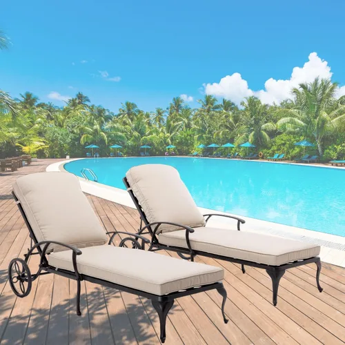 Vista 15 de Chaise Lounge - Silla de patio con ruedas, ajustable, reclinable, resistente al óxido, de aluminio fundido junto a la piscina, cojín beige