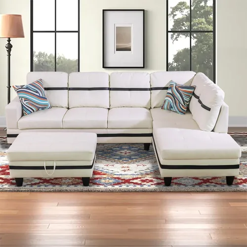 Vista 21 de Sofá modular para sala de estar, sofá seccional de cuero marrón en forma de L con diván y otomano de almacenamiento para sala de estar, B- marrón