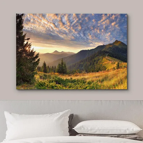 Vista 3 de wall26 Lienzo impreso para pared, atardecer sobre la montaña dorada, bosque, paisaje, naturaleza, vida silvestre, fotografía, realismo, rústico