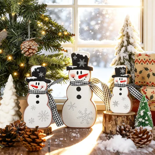Vista 4 de 3 piezas de decoración de mesa de Navidad con muñeco de nieve, muñeco de nieve de madera, centros de mesa de invierno, letrero de mesa de madera