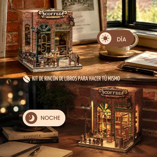 Vista 5 de Kit de rincón de libro de cafetería, casa en miniatura con luces LED, rompecabezas de madera 3D para adultos, kit de construcción de mini casa