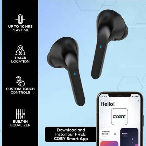 Vista 4 de Coby Auriculares con cancelación de ruido con funda de carga, cancelación de ruido, modos de transparencia, seguimiento inteligente, emparejamiento