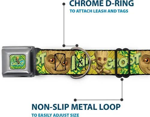 Vista 5 de Buckle-Down Collar de perro Hebilla de cinturón de seguridad Baby Groot Pose Face I Am Groot Browns Greens Amarillos 9 a 15 pulgadas 1.0 pulgadas