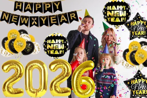 Vista 7 de Juego de decoraciones de Feliz Año Nuevo 2026, enormes globos de números de lámina dorada 2026, pancarta de feliz año nuevo, globos de látex negros