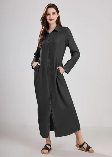 Vista 16 de utcoco Vestido largo casual de mezclilla con botones para mujer, con solapa, manga larga, con bolsillos